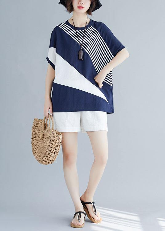 Blue O Neck Cotton Crane Tops Batwing Sleeve Short Summer Blouse