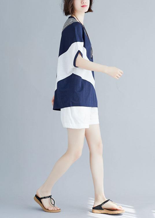 Blue O Neck Cotton Crane Tops Batwing Sleeve Short Summer Blouse