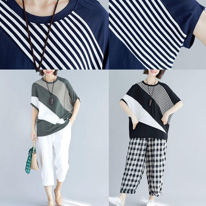 Blue O Neck Cotton Crane Tops Batwing Sleeve Short Summer Blouse