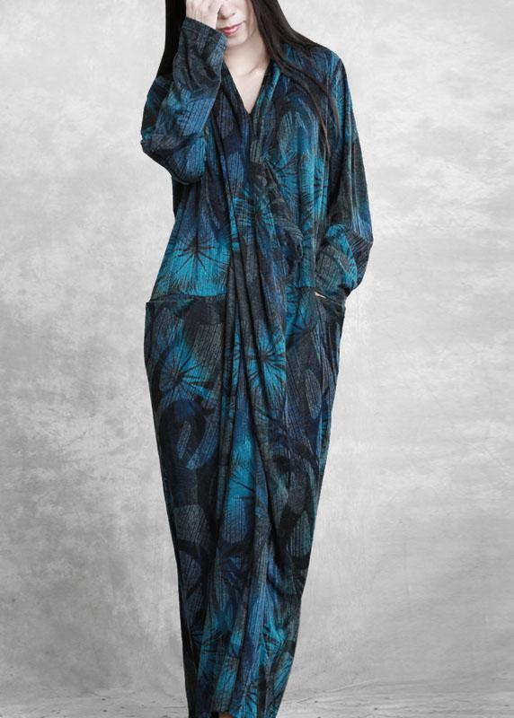 Blue Print Dresses V Neck Asymmetric Dresses