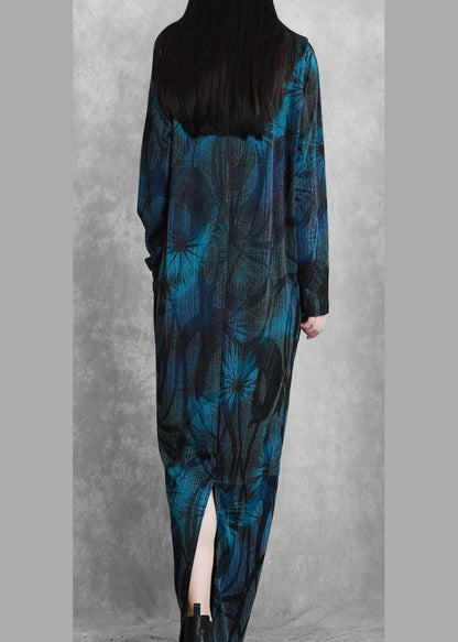 Blue Print Dresses V Neck Asymmetric Dresses