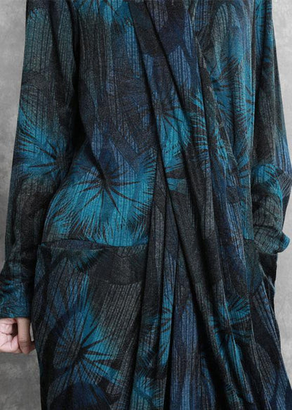 Blue Print Dresses V Neck Asymmetric Dresses