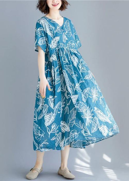 Blue Print Linen Clothes for V Neck Cinched Cotton Summer Dresses