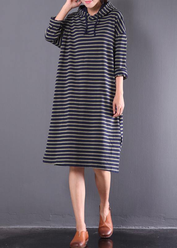 Blue Striped Linen Clothes for Hooded Drawstring Daily Spring Dress