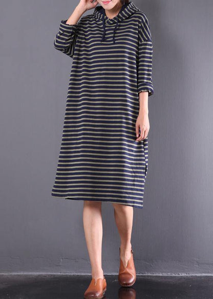 Blue Striped Linen Clothes for Hooded Drawstring Daily Spring Dress