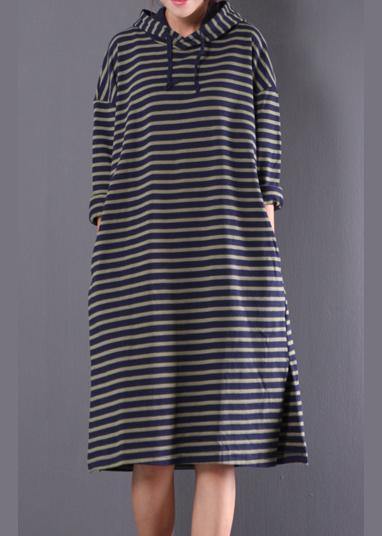 Blue Striped Linen Clothes for Hooded Drawstring Daily Spring Dress
