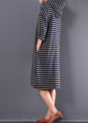 Blue Striped Linen Clothes for Hooded Drawstring Daily Spring Dress