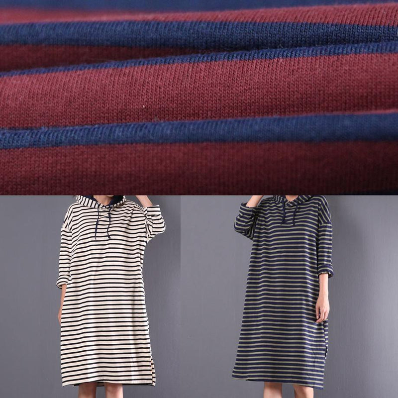 Blue Striped Linen Clothes for Hooded Drawstring Daily Spring Dress