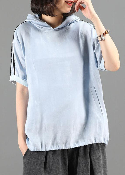 Blue Top Hooded Patchwork Tunic Summer Tops