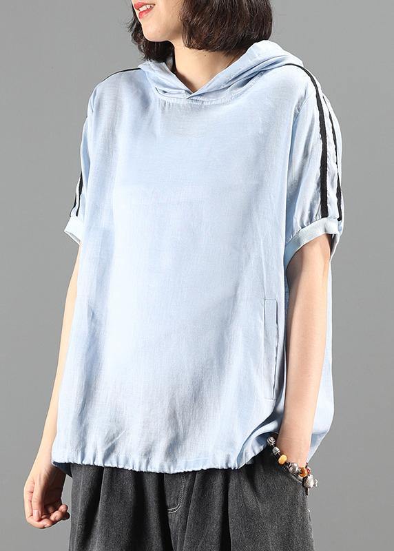 Blue Top Hooded Patchwork Tunic Summer Tops