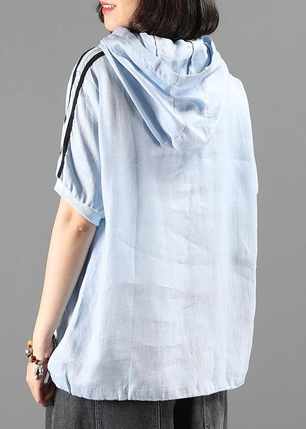 Blue Top Hooded Patchwork Tunic Summer Tops