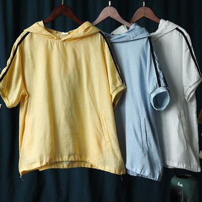 Blue Top Hooded Patchwork Tunic Summer Tops