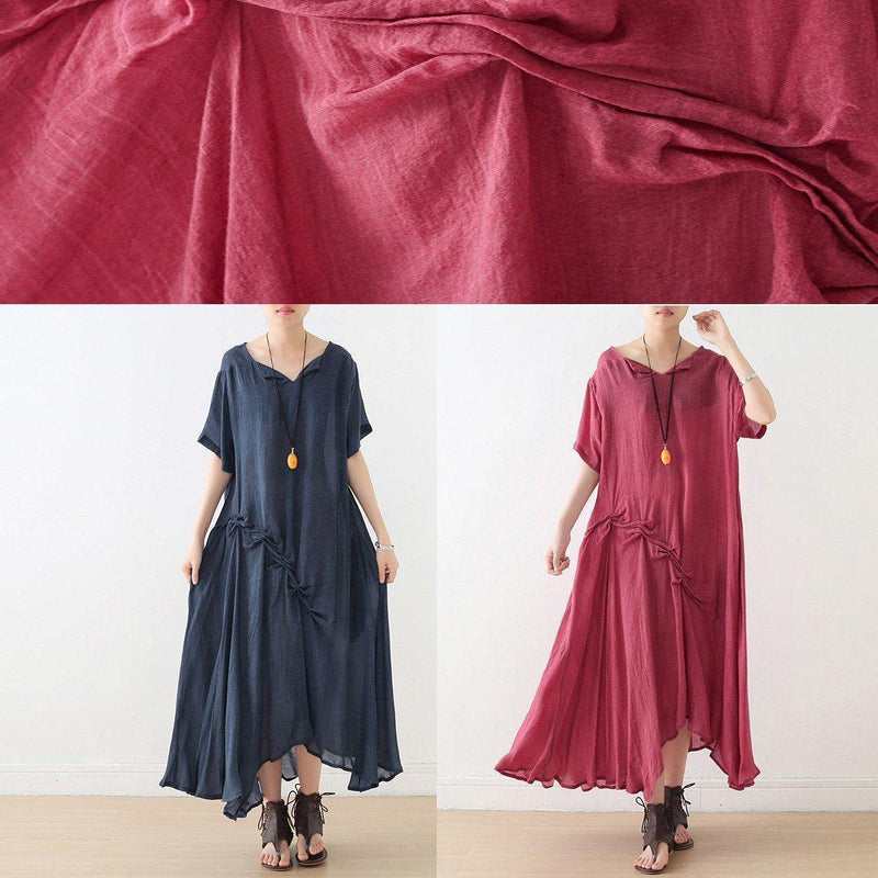 Blue Cinched Cotton Tunics Asymmetric Long Summer Dress
