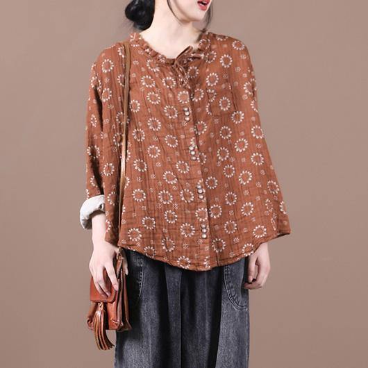 Brown Print Top Silhouette O Neck Button Down Dresses Blouses