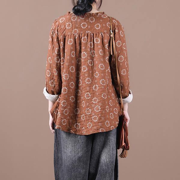 Brown Print Top Silhouette O Neck Button Down Dresses Blouses
