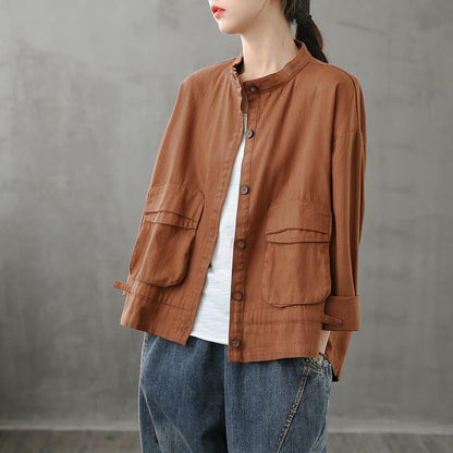 Chocolate Coats Design Stand Collar Pockets Coats