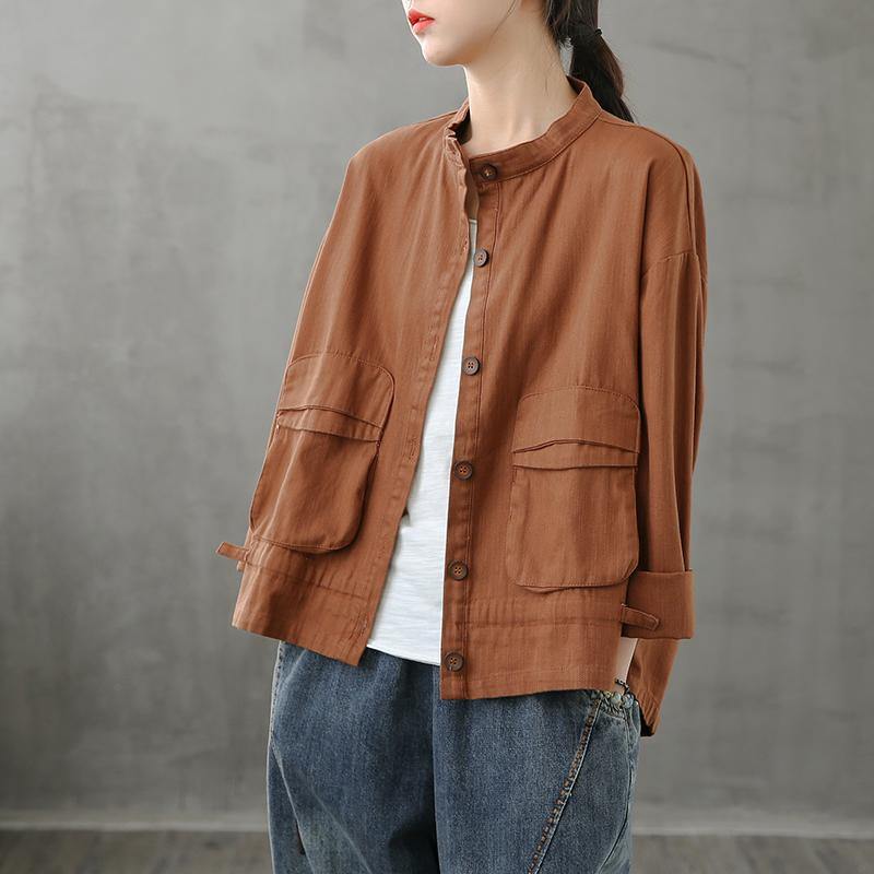Chocolate Coats Design Stand Collar Pockets Coats