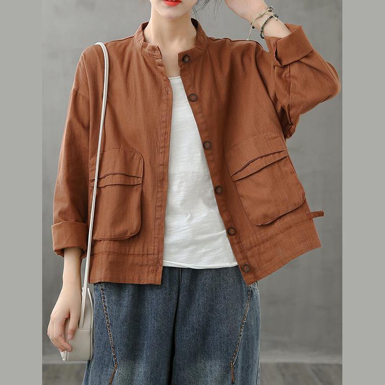 Chocolate Coats Design Stand Collar Pockets Coats
