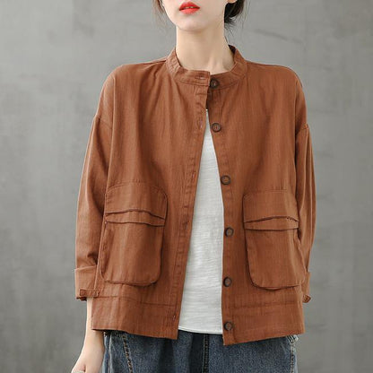 Chocolate Coats Design Stand Collar Pockets Coats