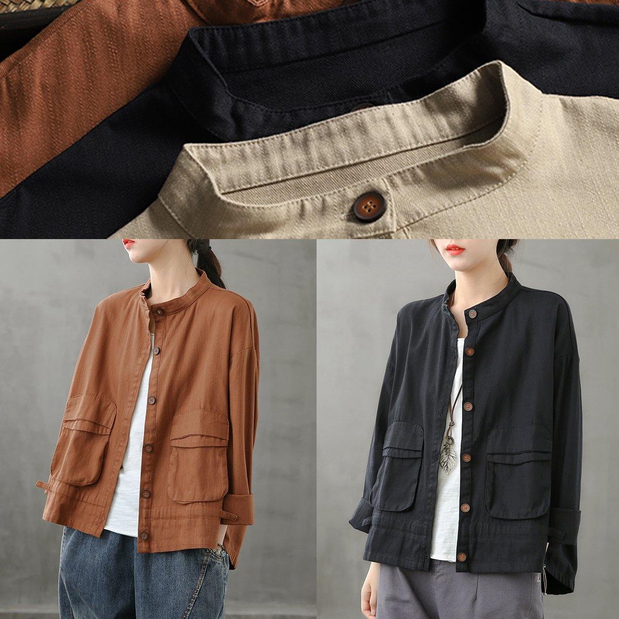 Chocolate Coats Design Stand Collar Pockets Coats