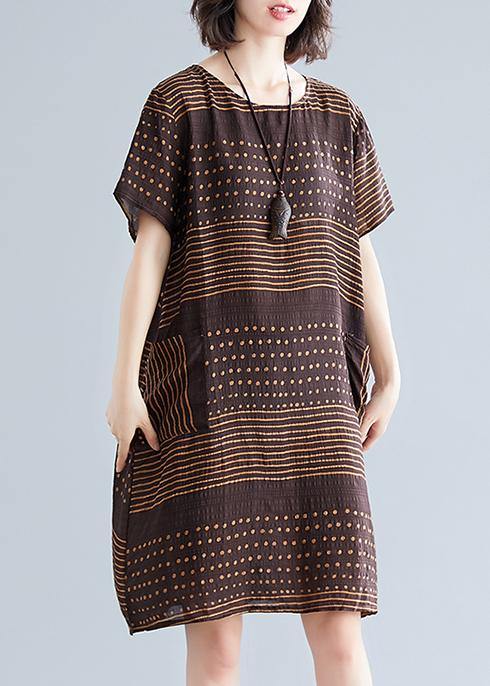 Chocolate Dotted Cotton Tunic Top O Neck Pockets Short Dress
