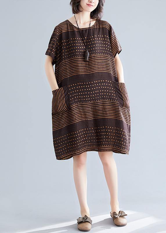 Chocolate Dotted Cotton Tunic Top O Neck Pockets Short Dress