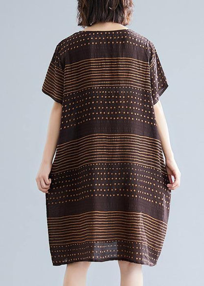 Chocolate Dotted Cotton Tunic Top O Neck Pockets Short Dress
