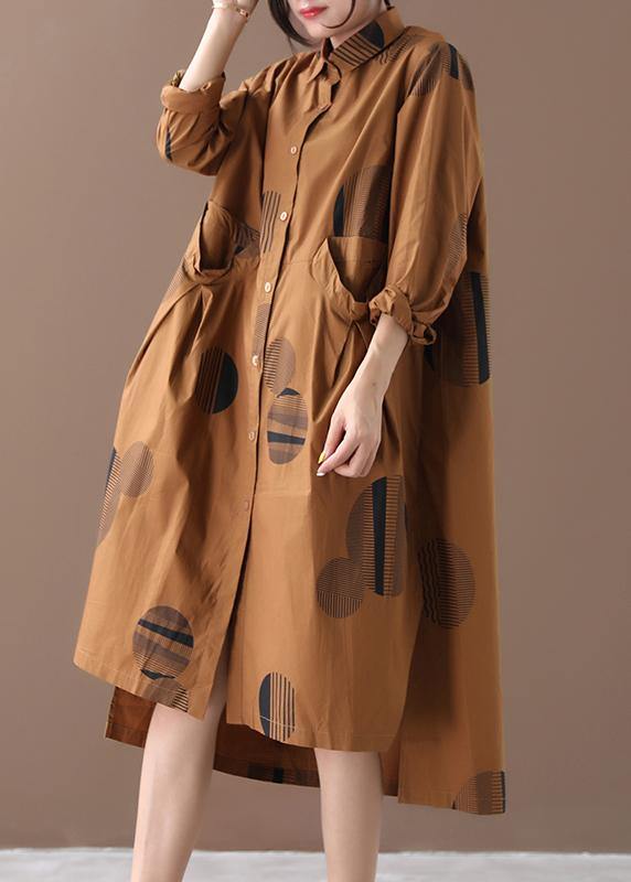 Chocolate Dotted Dresses Lapel Low High Design Dresses Spring Dress