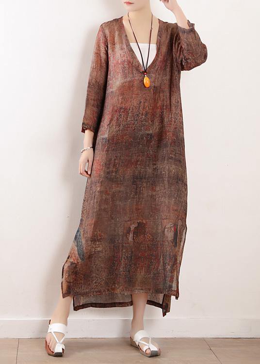 Chocolate Print Linen Clothes for V Neck Side Open Maxi Dresses