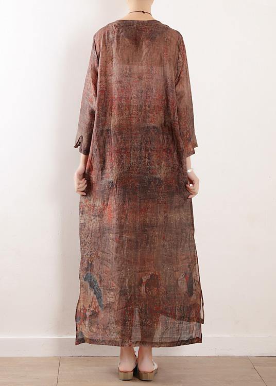 Chocolate Print Linen Clothes for V Neck Side Open Maxi Dresses