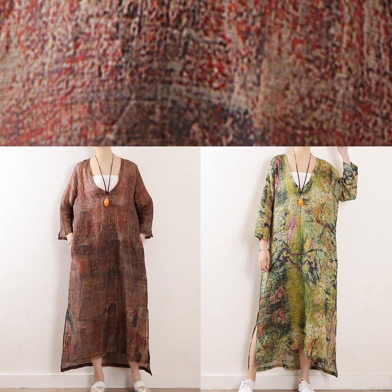 Chocolate Print Linen Clothes for V Neck Side Open Maxi Dresses