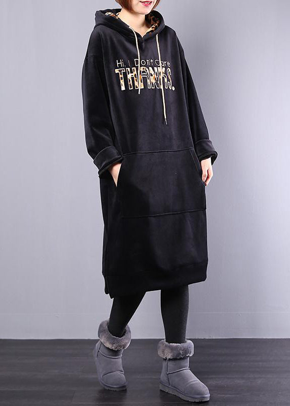 Cotton Wardrobes Pakistani Hoodie Drawstring Letter Fleece Loose Midi Dress