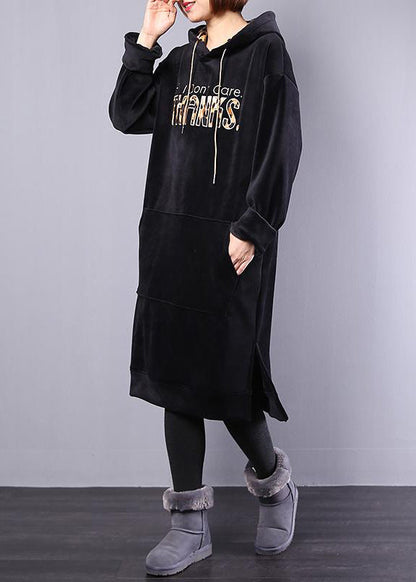 Cotton Wardrobes Pakistani Hoodie Drawstring Letter Fleece Loose Midi Dress