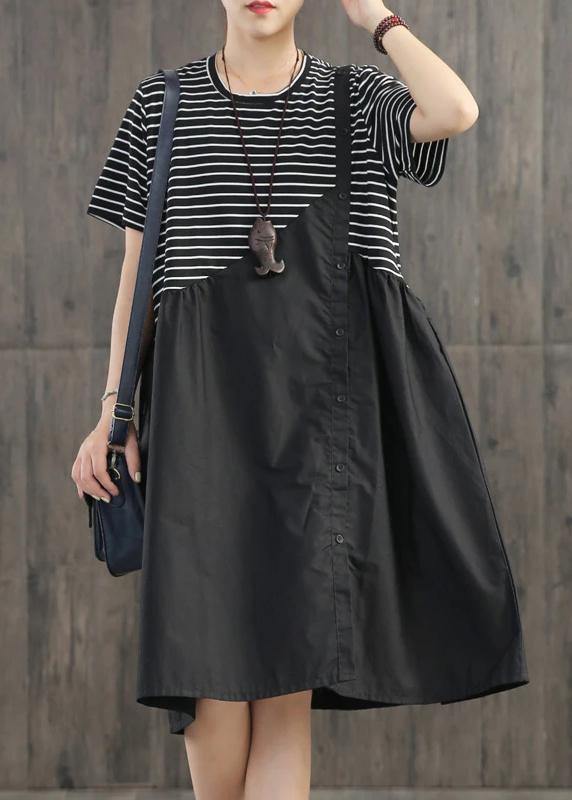 Cotton Clothes Stripes Spliced Round Collar Dress