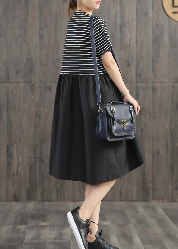 Cotton Clothes Stripes Spliced Round Collar Dress
