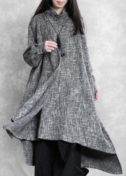 Gray Plaid Linen Clothes High Neck Asymmetric Traveling Dresses