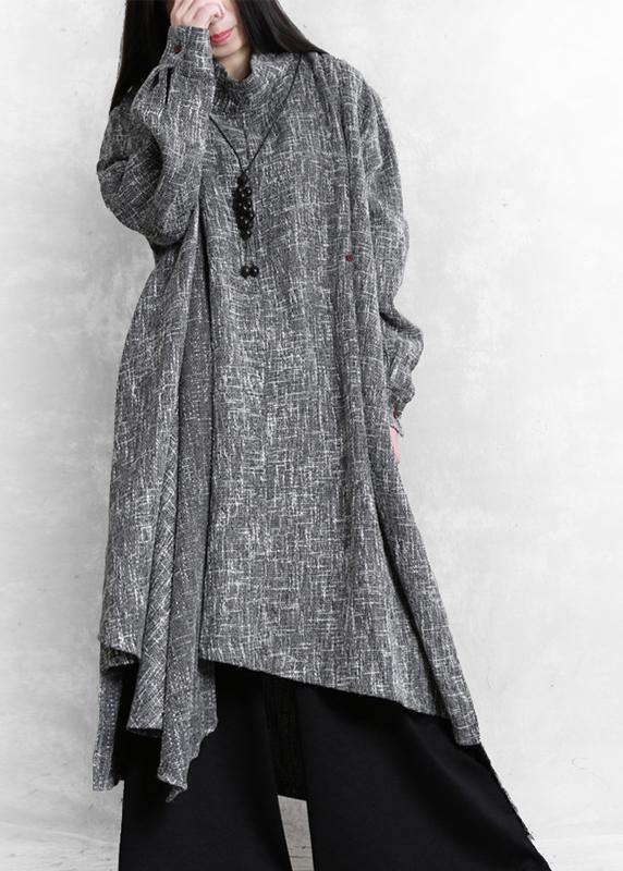 Gray Plaid Linen Clothes High Neck Asymmetric Traveling Dresses