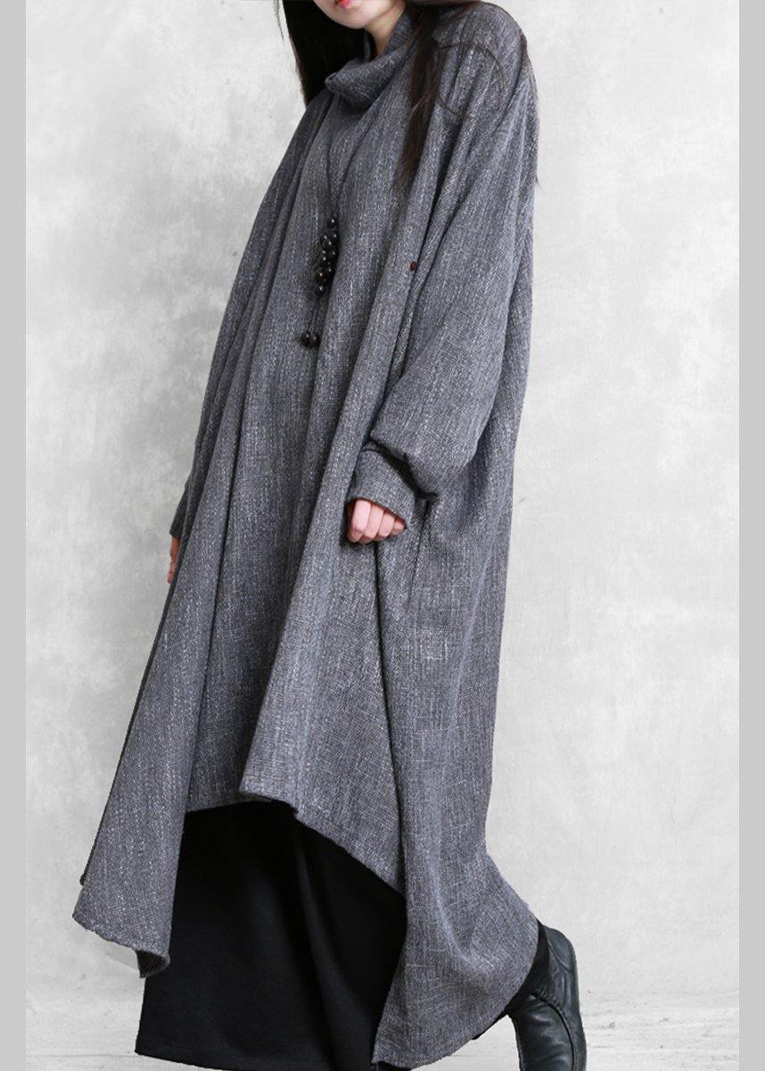 Gray Plaid Linen Clothes High Neck Asymmetric Traveling Dresses