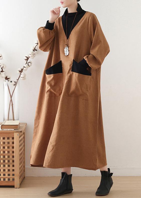 Gray Cotton Quilting Clothes High Neck Patchwork Dresses Fall Dresses