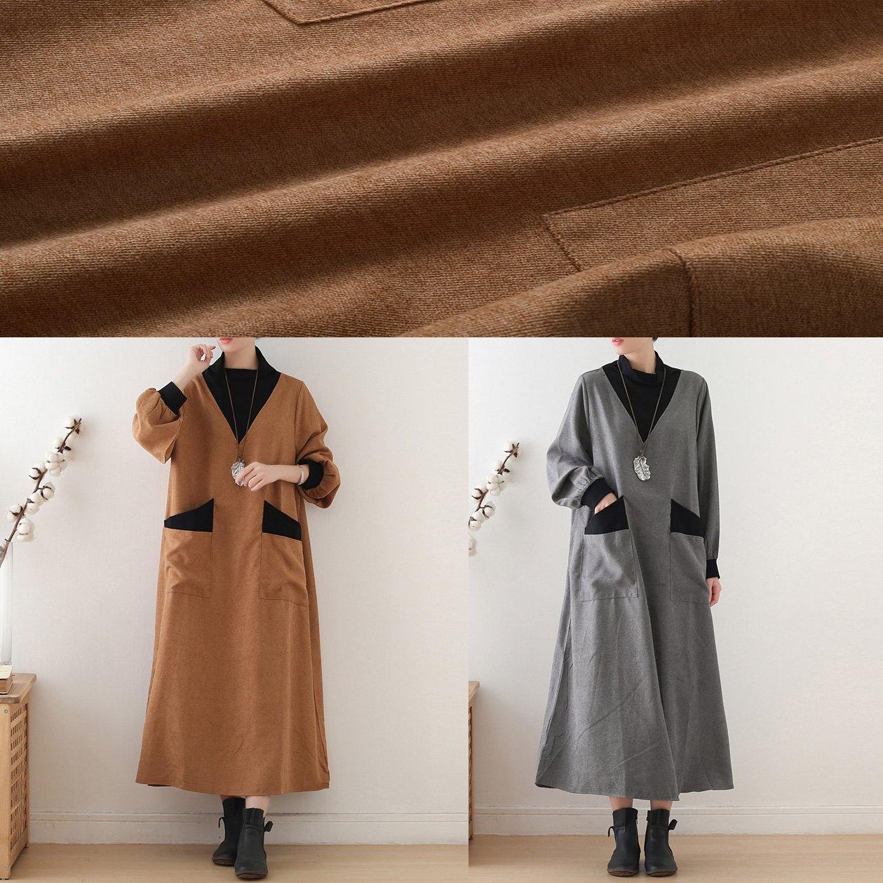 Gray Cotton Quilting Clothes High Neck Patchwork Dresses Fall Dresses