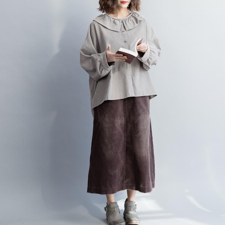 Gray Cotton Tunic Top Sleeve Loose Spring Ruffled Shirt