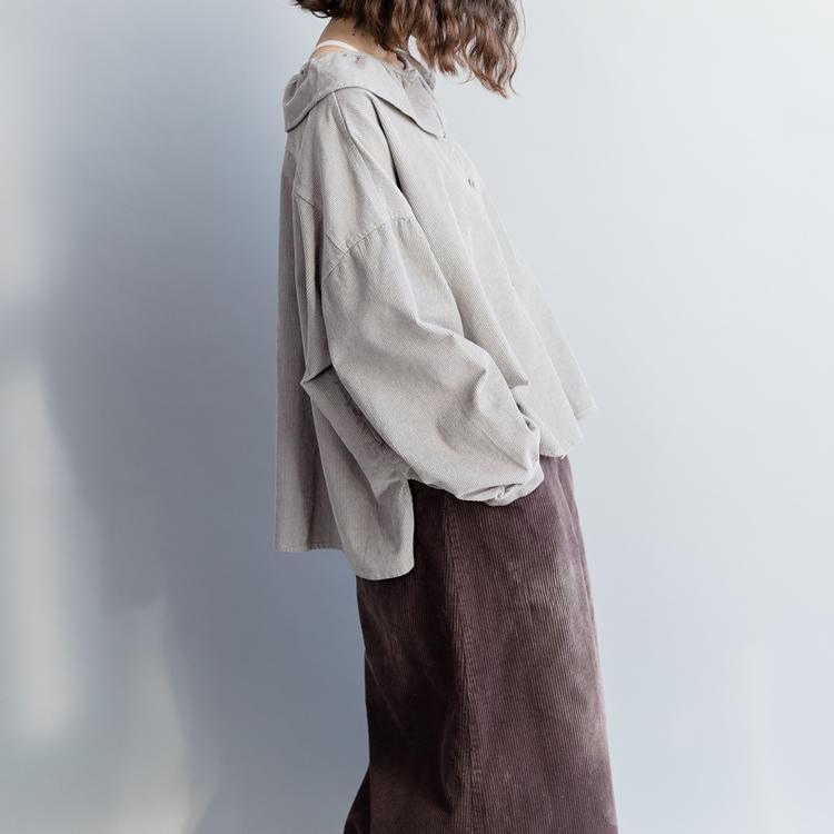 Gray Cotton Tunic Top Sleeve Loose Spring Ruffled Shirt