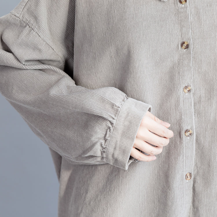 Gray Cotton Tunic Top Sleeve Loose Spring Ruffled Shirt
