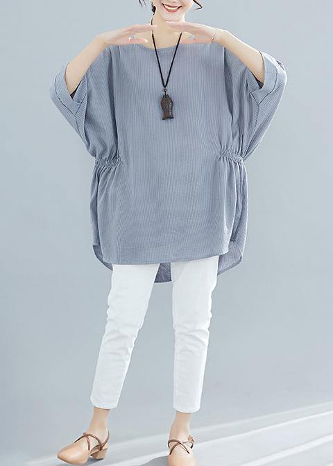 Gray Striped Cotton Clothes for Batwing Sleeve Loose Summer Blouse