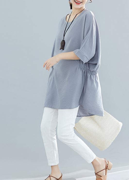 Gray Striped Cotton Clothes for Batwing Sleeve Loose Summer Blouse