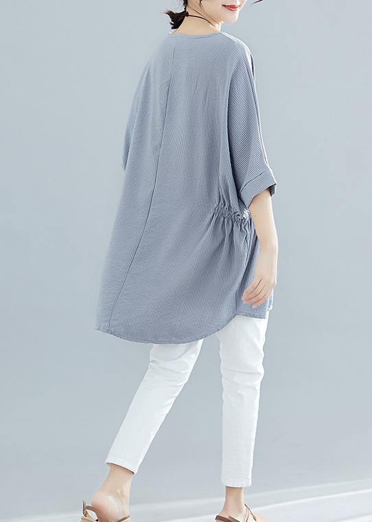 Gray Striped Cotton Clothes for Batwing Sleeve Loose Summer Blouse