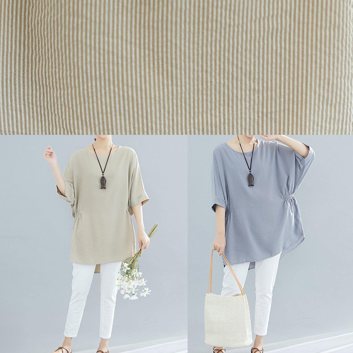 Gray Striped Cotton Clothes for Batwing Sleeve Loose Summer Blouse
