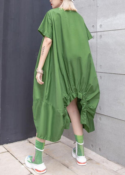 Green Cotton Dresses O Neck Asymmetric Knee Summer Dresses