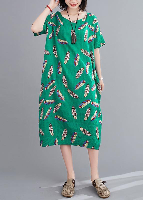 Green Feather Print Clothes O Neck Cotton Robes Dresses
