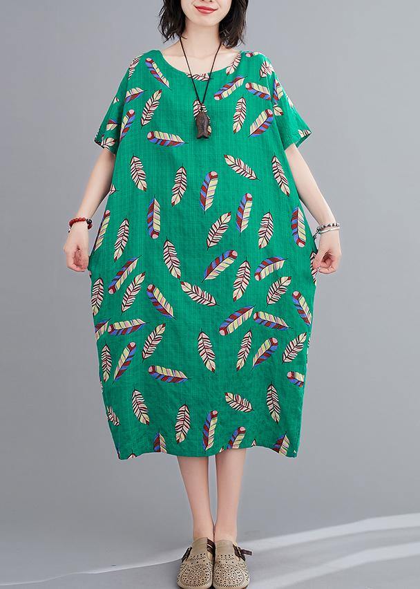 Green Feather Print Clothes O Neck Cotton Robes Dresses
